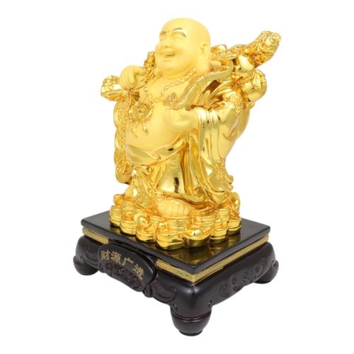 Feng Shui Import 10 Inch Golden Money Buddha Statue Carrying Money Bag Coins And Ru Yi