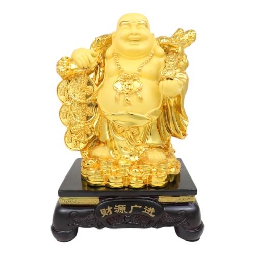 feng shui import 10 Inch Golden Money Buddha Statue Carrying Money Bag Coins and Ru Yi