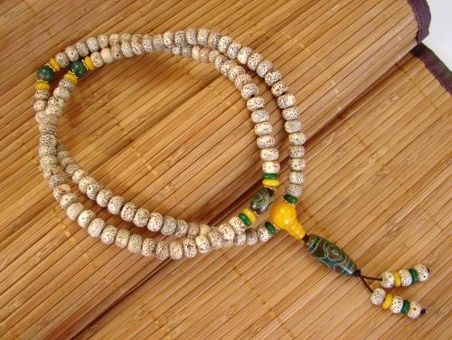 Feng Shui Import 108 Bead Mala Natural Bodhi Seeds Necklace With 3-Eye Dzi Bead
