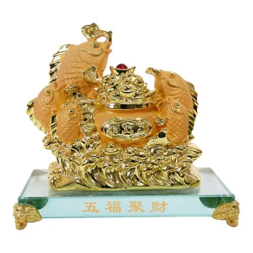 feng shui import 8 Inch 5-Golden-Fish with Money Pot on Glass Base Statue