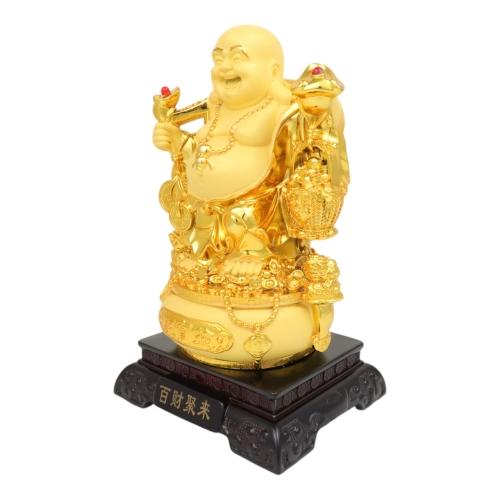 Feng Shui Import 9.5 Inch Golden Money Buddha Statue With Wealthy Pot And Money Frogs
