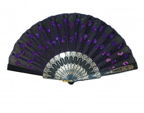 Feng Shui Import Black Slab Fabric Hand Fan With Peacock Pattern Sequin Style
