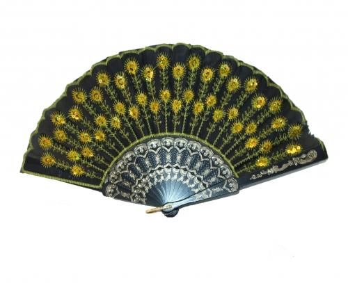 Feng Shui Import Black Slab Fabric Hand Fan With Peacock Pattern Sequin Style