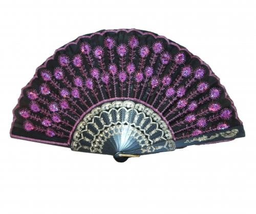 Feng Shui Import Black Slab Fabric Hand Fan With Peacock Pattern Sequin Style