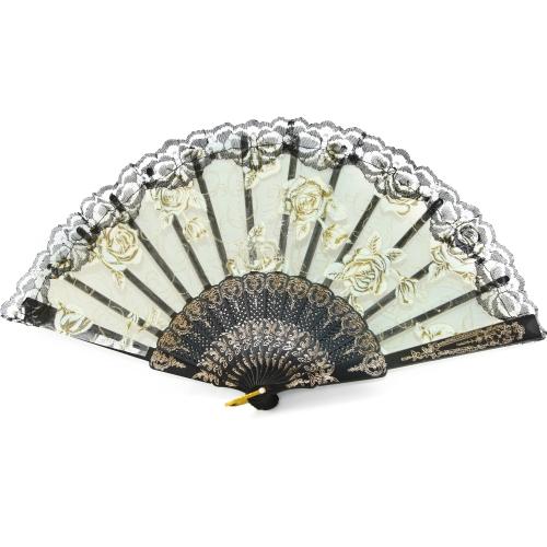Feng Shui Import Black Slab Lace Folding Fan With Rose Pictures
