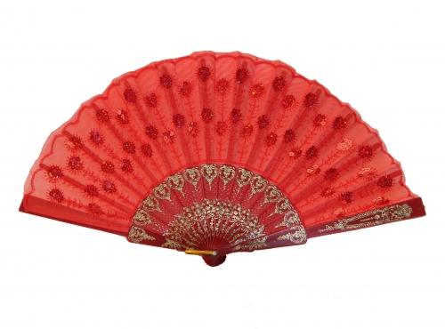 Feng Shui Import Colorful Peacock Pattern Sequin Fabric Hand Fan