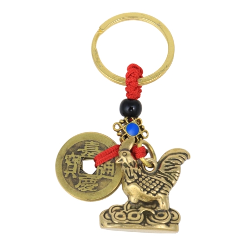 Feng Shui Import Copper Rooster With 5-Copper-Coin Lucky Charm