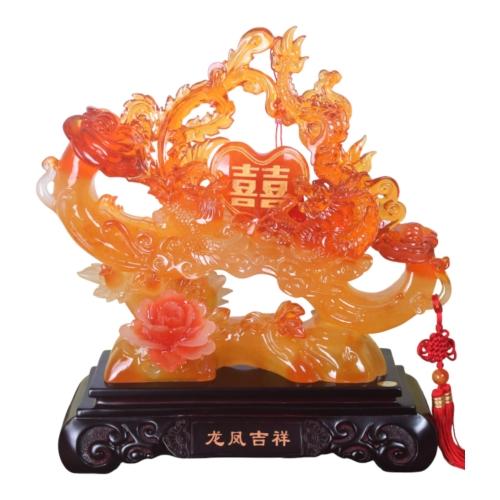 feng shui import Dragon Phoenix with Symbol of Double Happiness Peony and RuYi