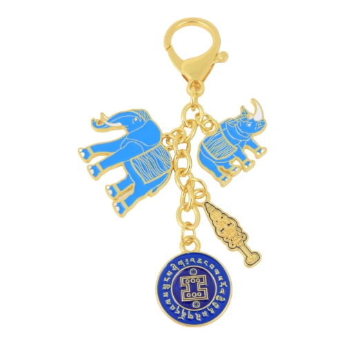 Feng Shui Import Elephant And Rhinoceros W/ Ksitigarbha Staff Amulet Keychain