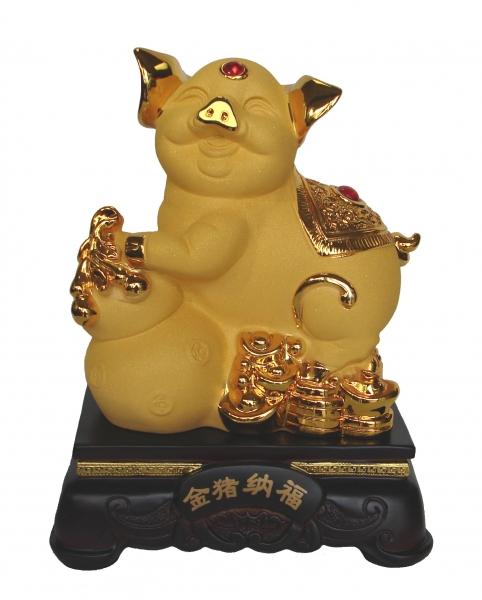 feng shui import 8 Inch Golden Pig Statue w/ Wu Lou