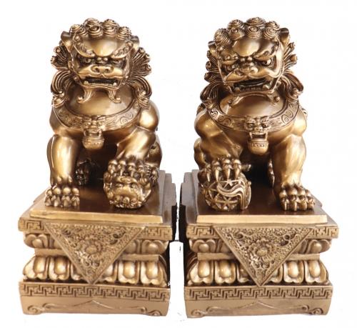 Feng Shui Import Pair Of 9 Inch Golden Foo Dogs