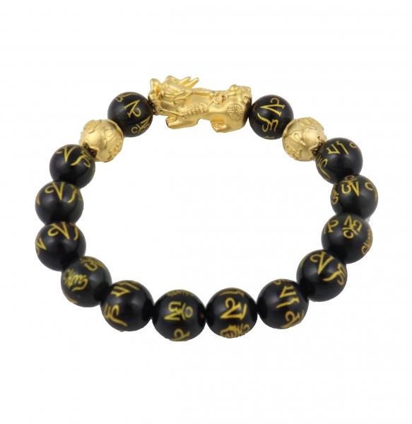Feng Shui Import Genuine Black Obsidian Mantra Beaded Bracelet With Gold Pi Xiu