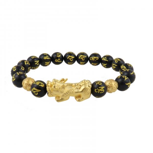 Feng Shui Import Genuine Black Obsidian Mantra Beaded Bracelet With Gold Pi Xiu