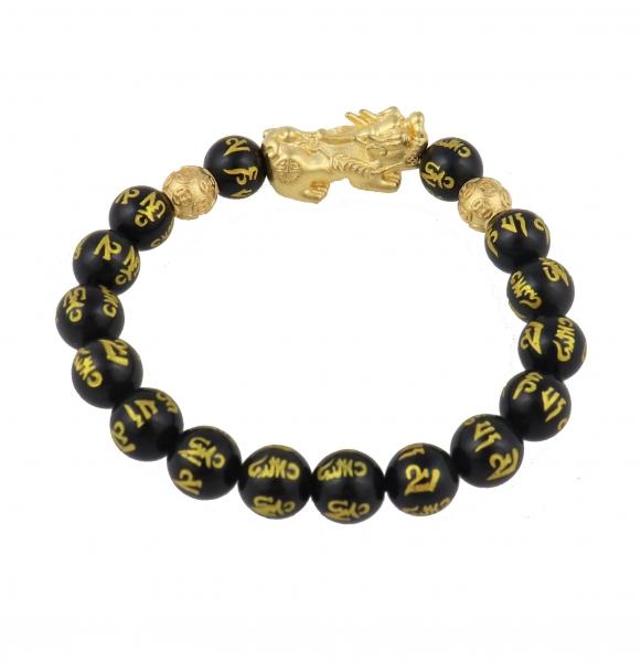 Feng Shui Import Genuine Black Obsidian Mantra Beaded Bracelet With Gold Pi Xiu