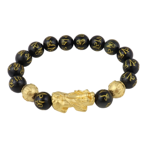 feng shui import Genuine Black Obsidian Mantra Beaded Bracelet with Gold Pi Xiu