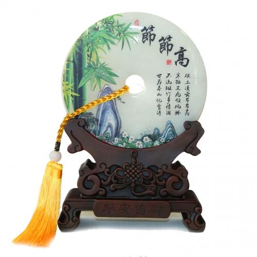 feng shui import Genuine Jade Display Plate with Bamboo Picture and Stand