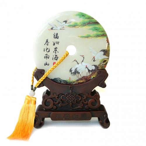 feng shui import Genuine Jade Display Plate with Crane Picture and Stand