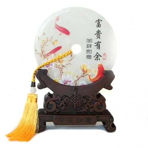 feng shui import Genuine Jade Display Plate with Fish Picture and Stand