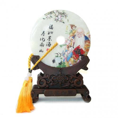 feng shui import Genuine Jade Display Plate with Longevity Picture and Stand
