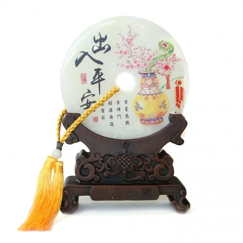 feng shui import Genuine Jade Display Plate with Oriental Vase Picture and Stand