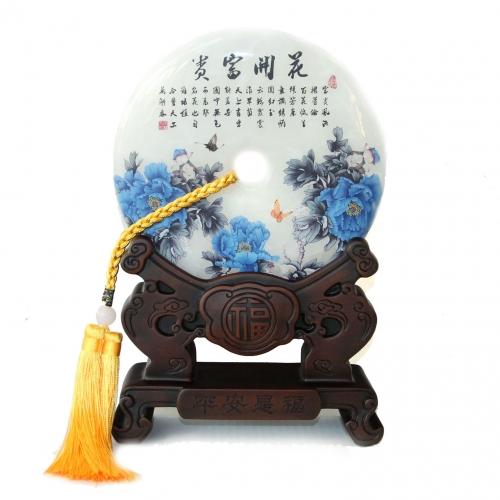 feng shui import Genuine Jade Display Plate with Peony Flower Picture and Stand