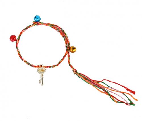Feng Shui Import Hand Braided Friendship String Bracelet W/ Jingle Bells And Key Cham