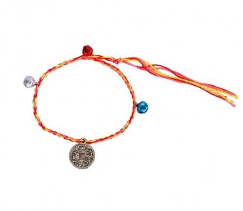 Feng Shui Import Hand Braided Friendship String Bracelet W/ Jingle Bells And Coin Cham