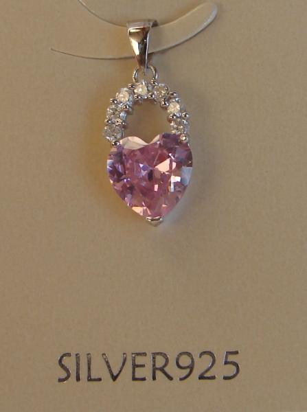 Feng Shui Import Heart Shape Pink Zircon Gem With 925 Sterling Silver Pendant