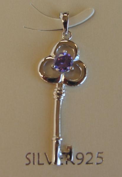 Feng Shui Import Key Shape Blue Zircon Gem With 925 Sterling Silver Pendant