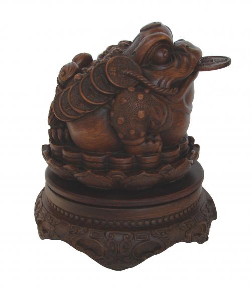 feng shui import Money Toad Statue Sitting on Coins and Lotus
