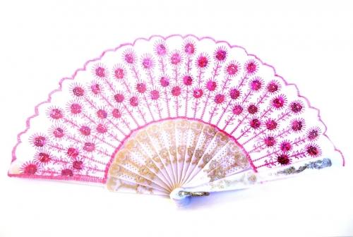 Feng Shui Import Peacock Pattern Sequin Fabric Hand Fan With White Background