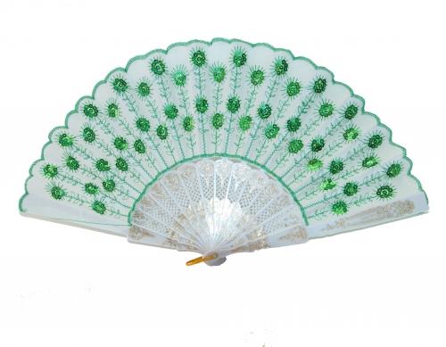 Feng Shui Import Peacock Pattern Sequin Fabric Hand Fan With White Background
