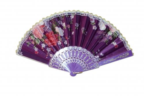 Feng Shui Import Silk Hand Fan With Golden Lace And Color Slab