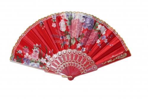 Feng Shui Import Silk Hand Fan With Golden Lace And Color Slab