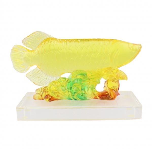 Feng Shui Import Yellow Arowana Fish Statue On Glass Base