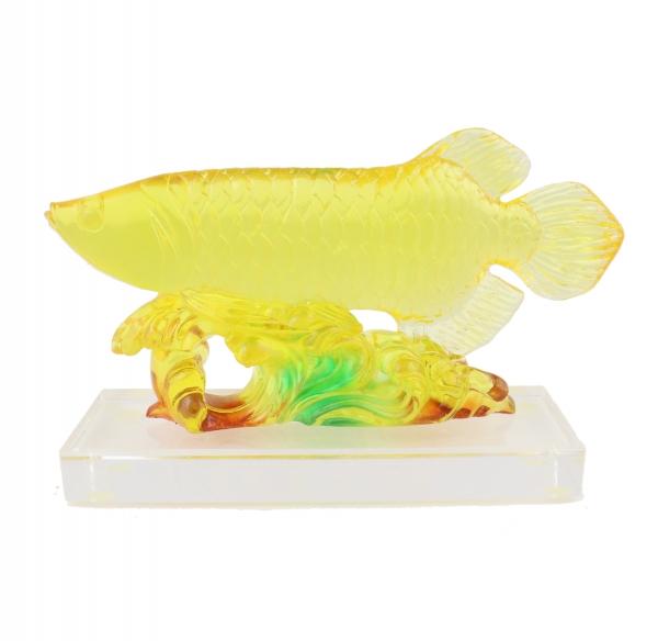 feng shui import Yellow Arowana Fish Statue on Glass Base