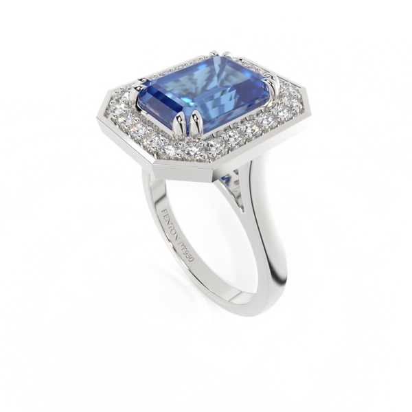 Fenton Deco Emerald Blue Sapphire Platinum Ring