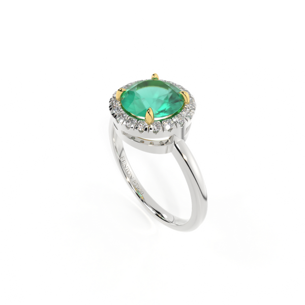 Fenton Halo Round Emerald Platinum Ring
