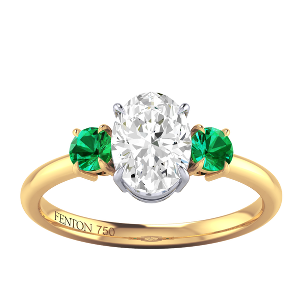 Fenton Lab Grown Solar Diamond Trilogy Oval Cut Diamond And Emerald 18k Yellow Gold Ring