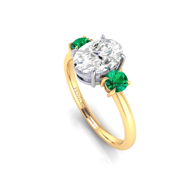 Fenton Lab Grown Solar Diamond Trilogy Oval Cut Diamond And Emerald 18k Yellow Gold Ring