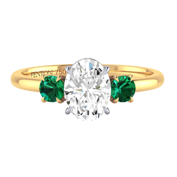 fenton Lab Grown Solar Diamond Trilogy Oval Cut Diamond and Emerald 18k Yellow Gold Ring