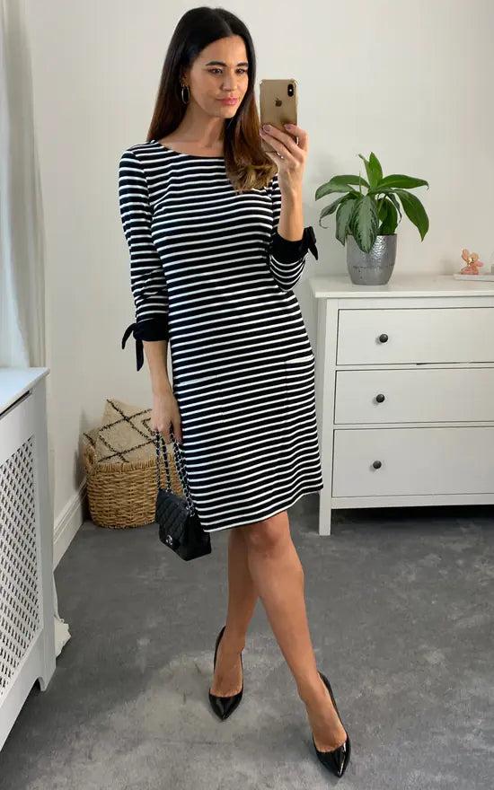 Fever London Brenda Tie Sleeve Striped Long Sleeve Dress Colour Black And White