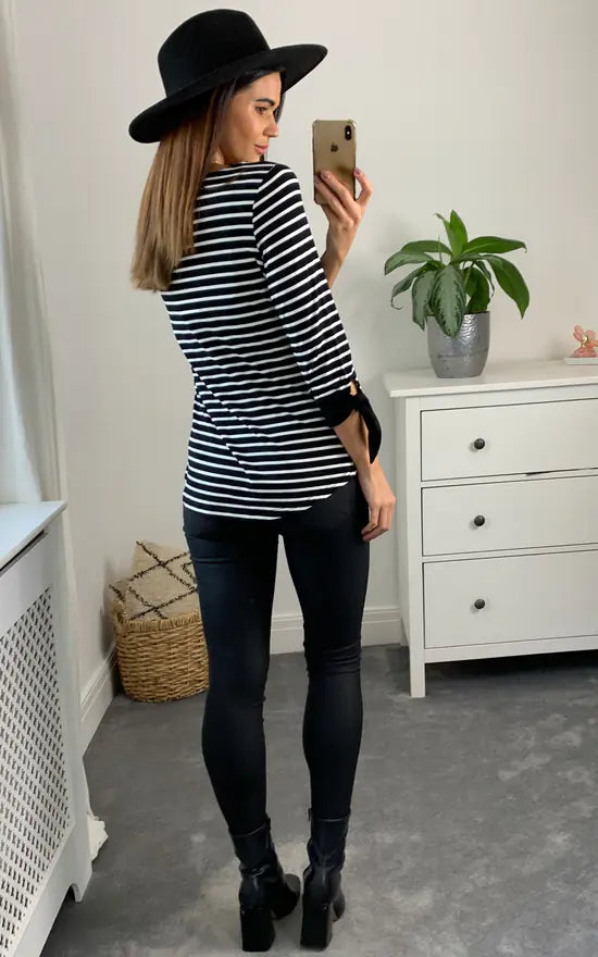 Fever London Brenda Tie Sleeve Striped Long Sleeve Top Colour Black And White