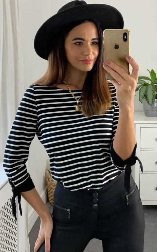 Fever London Brenda Tie Sleeve Striped Long Sleeve Top Colour Black And White