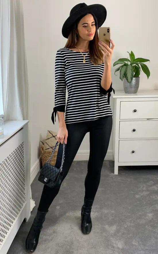 fever london Brenda Tie Sleeve Striped Long Sleeve Top Colour Black And White