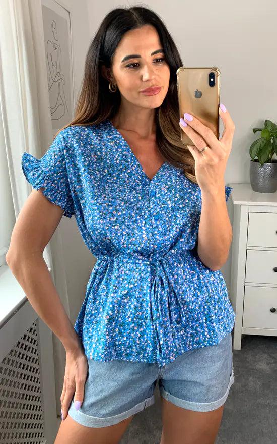 Fever London Ditsy Blue Waist Tie Top