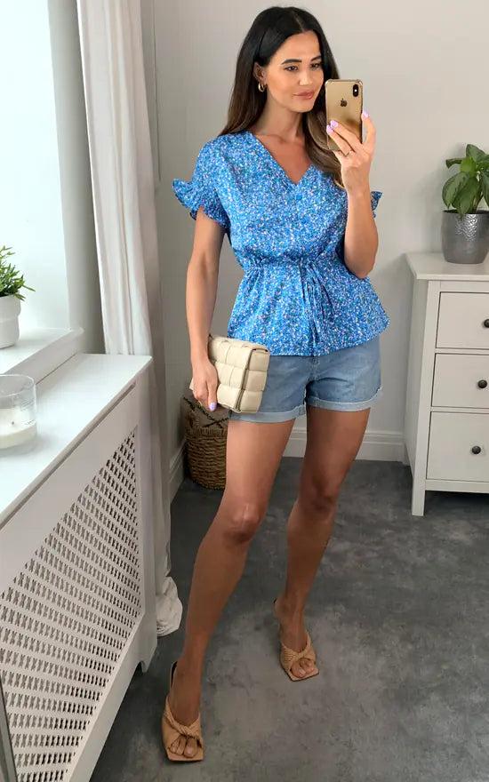 Fever London Ditsy Blue Waist Tie Top