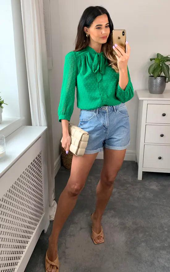 Fever London Pussybow Blouse Dobby Green