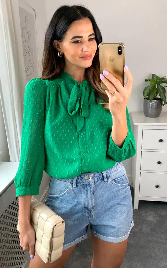 Fever London Pussybow Blouse Dobby Green