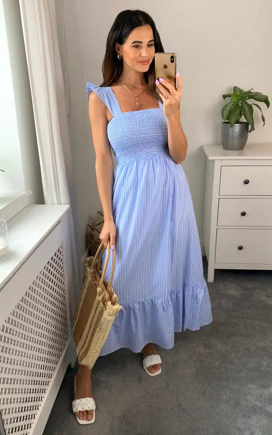 Fever London Shirred Blue Stripe Midi Dress